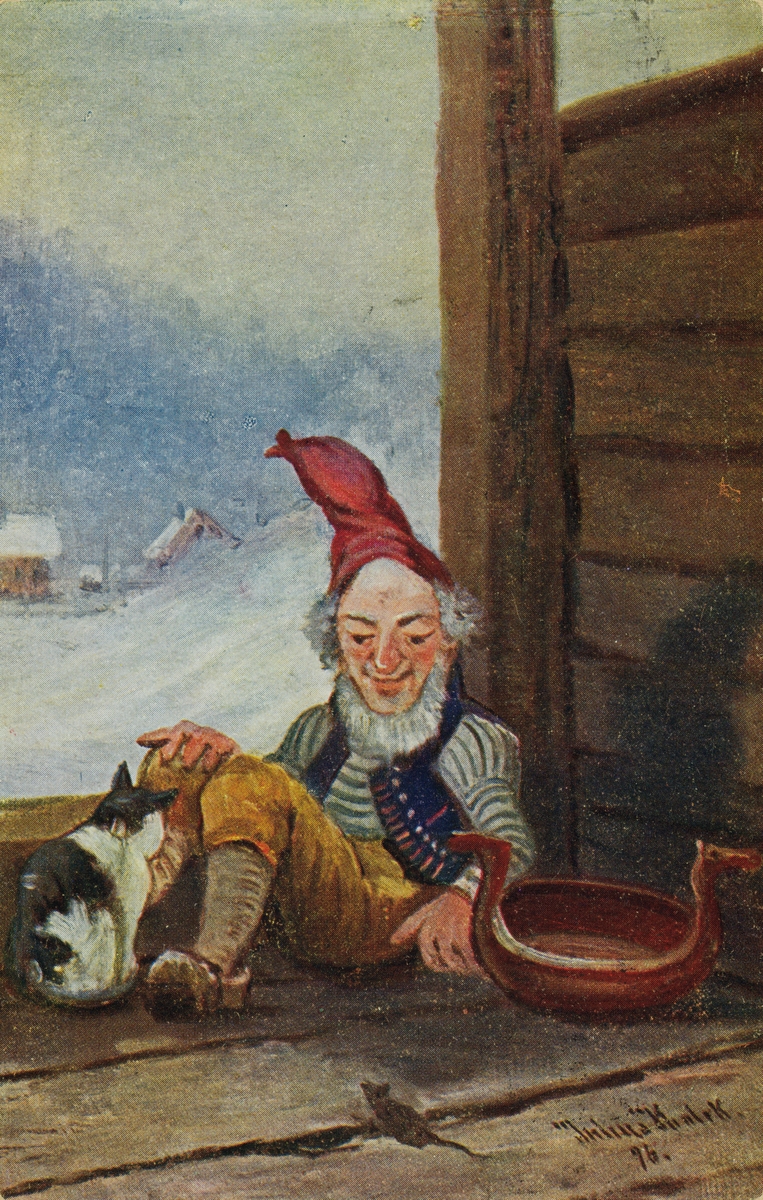 Julekort. Jule- og nyttårshilsen. Nisse med kjenge, katt og mus. Etter et motiv av Jacob Albrigt Julius Holck. Malt i 1896.
Stemplet Oslo 22.12.1931.