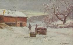 Julekort. Jule- og nyttårshilsen. Mann på tunet med en vannp