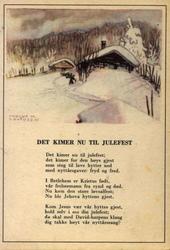 Julekort. Ubrukt. Vintermotiv. Landskap. Hus.Tekst: "Det kim