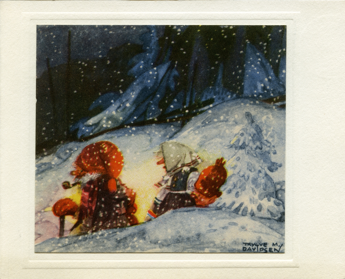 Julekort. Jule- og nyttårshilsen. Nisse og nissekone uti skogen i snøvær.