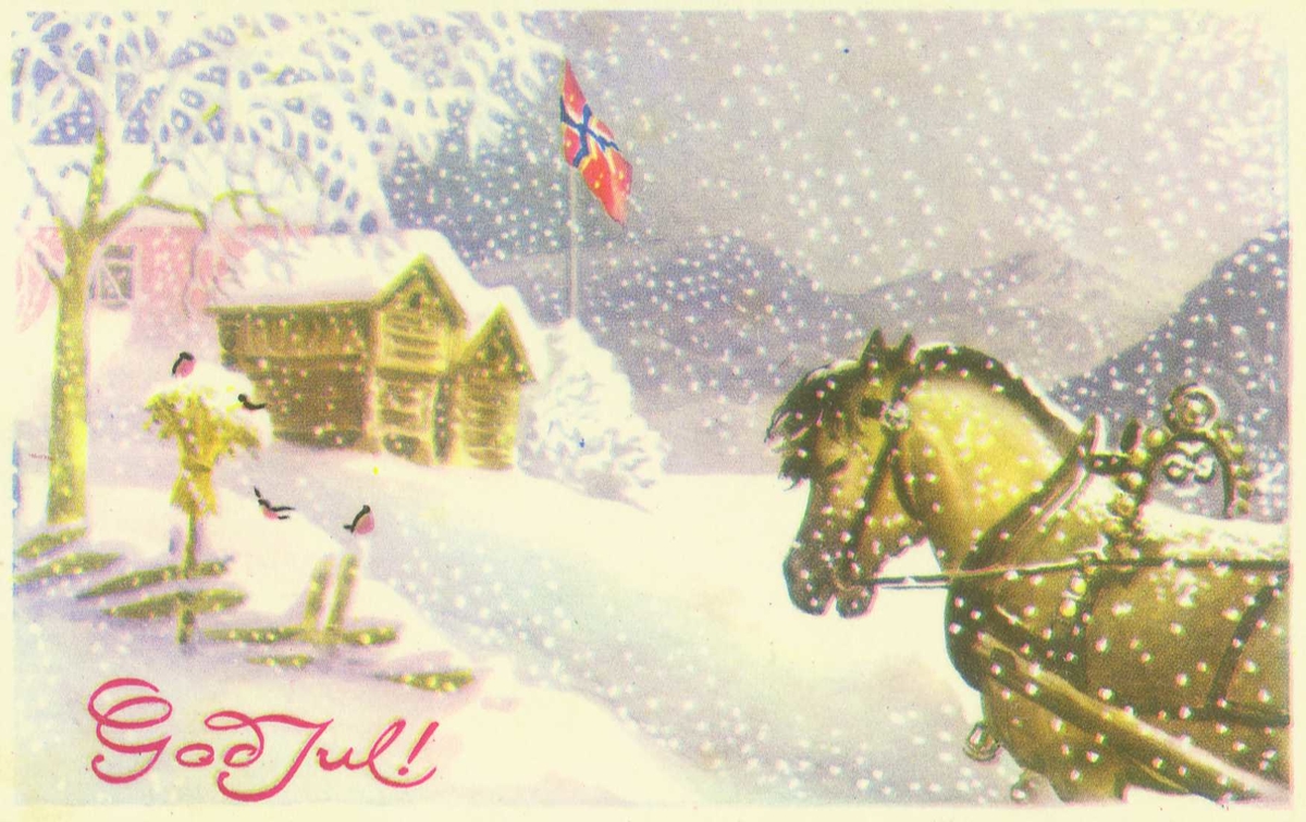 Postkort. Julemotiv. Snødekt landskap med hus, hest og dompapper.Kunstner: Damsleth, Harald.