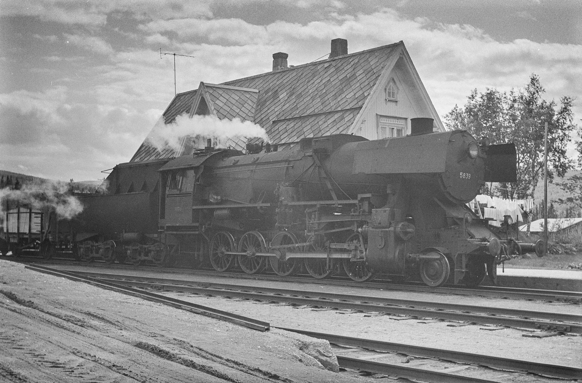 Underveisgodstog fra Hamar til Trondheim på Reitan stasjon. Toget trekkes av damplokomotiv type 63a nr. 5839.