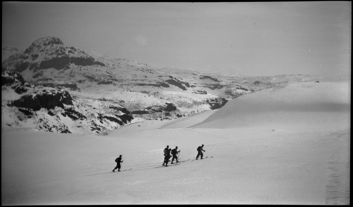 Lindtner, Oscar Johnsen, Malde, Håvarstein og Jan på skitur fra Fjellberg i Suldal. Bilde nr. 3, 4, 6 og 7 er fra båten de har tatt inover. Båten har møtt passasjerbåten "M/S Saudafjord" midt på fjorden og utvekslet varer og folk. Det er også bilder fra et lite gårdsbruk, antageligvis Fjellberg i Suldal og fra skituren. På noen av bildene er det også noen unge kvinner med. På bilde nr. 11 er Finn Johannessen med.