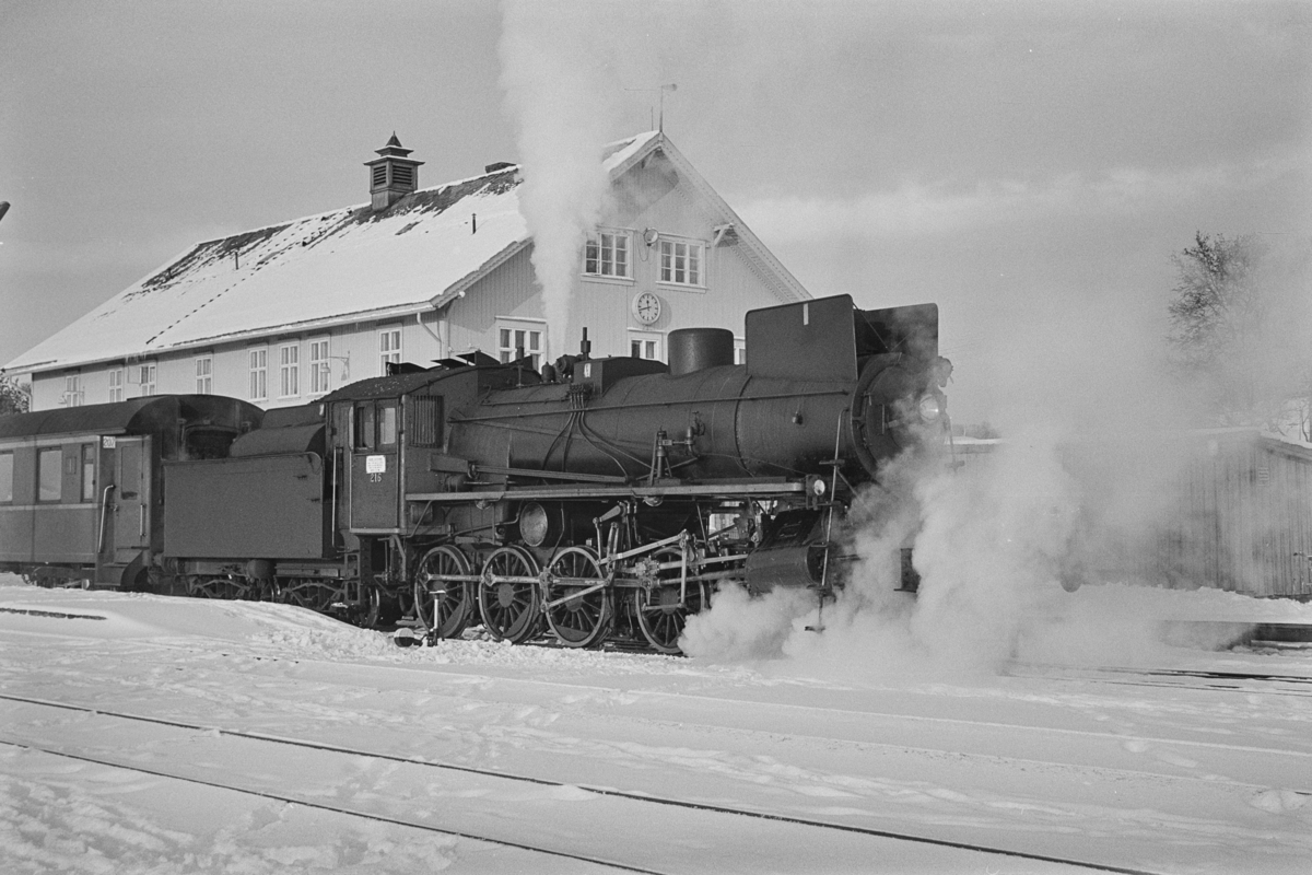 Dagtoget fra Trondheim til Oslo Ø, tog 302, på Røros stasjon. Toget trekkes av damplokomotiv type 26a nr. 216.
