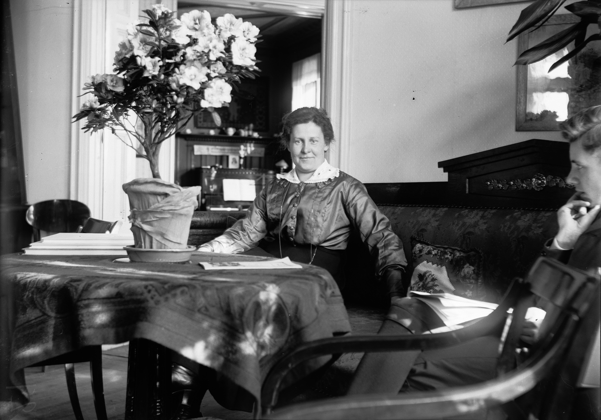 Kvinna och Roland Liljefors sitter i "långsoffan" i hemmet, Gävle efter 1912