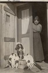 Hund med hvalper. Til høyre står en kvinne i døråpningen.
