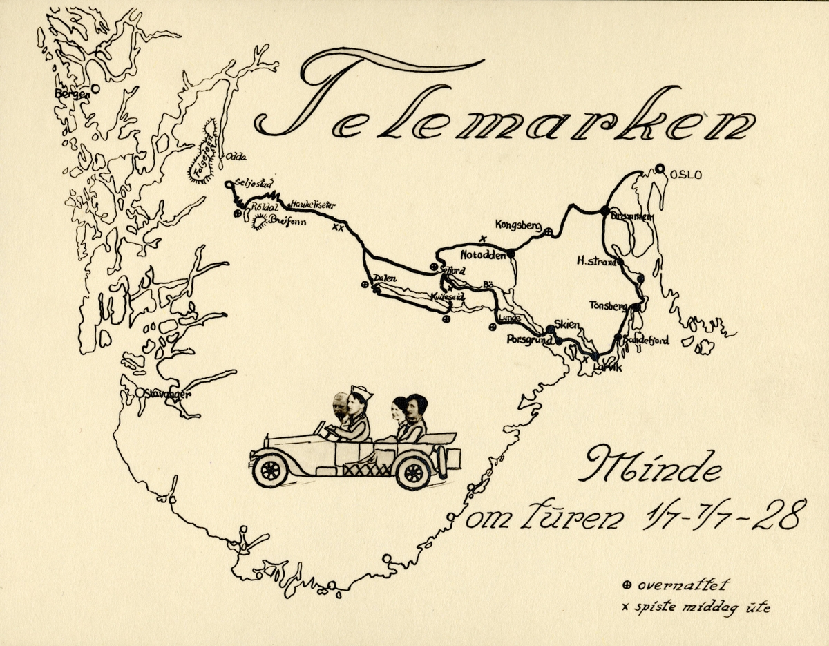 Fotoalbum etter fotograf Johan Erling Schjerven. Fotografier dokumenterer Schjervens reise med bil i Telemark sommeren 1928. Eksteriør bilder, samferdsel, veinett og topografi. Turen gikk bl.a. til Seljord, Dalen, Haukeli, Hordasvingen,Dyrskar, Røldal, Heddal. Ett inventar bilde fra Dalen Hotel. To kvinner sittende i salong, Aagot og Margot Knudsen 03.07.1928.