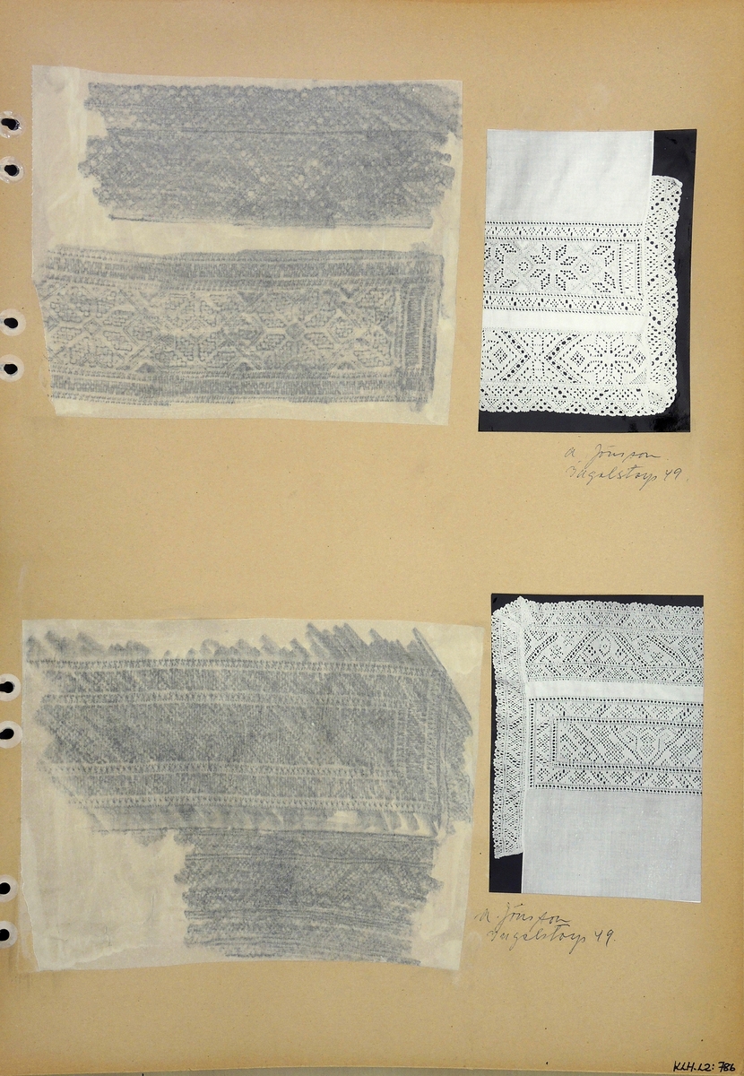 Kartongark med två frottage och två fotografier av klutband