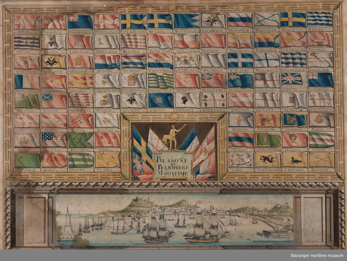 Alle lands marineflagg - havnebilde. Nederst på bilde en havn med en rekke danske og svenske skip. By i
bakgrunnen - Ancona.