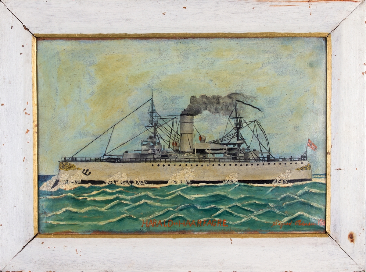 Skipsportrett av panserskip HARALD HAARFAGRE under fart malt av en 14 år gammel gutt.