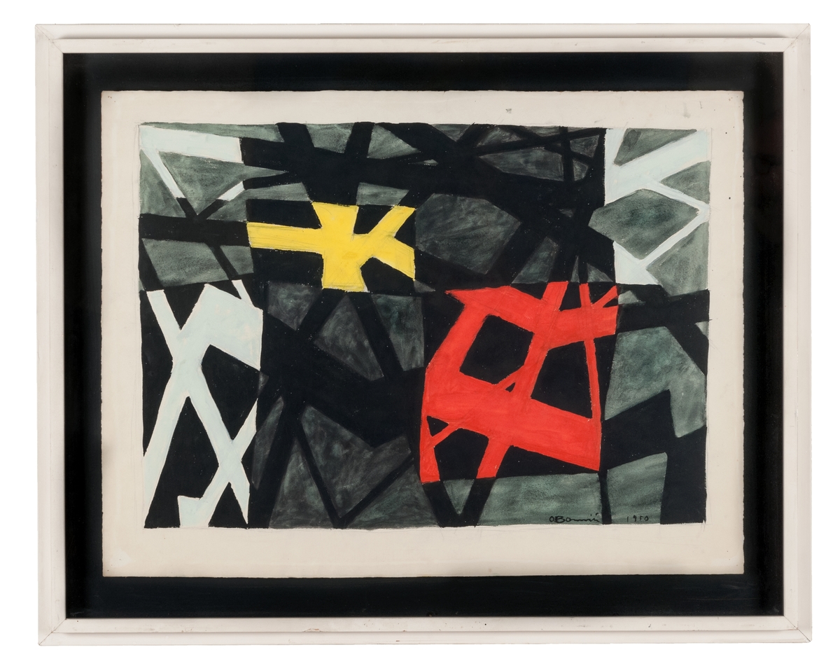 Gouache på papper. Olle Bonniér "Ödestema", 1950. Målningen, som är typisk för konkretismen hos "1947 års män", är komponerad av korsande linjeformer av olika bredd i gult, rött och svart.