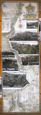 Gammel illustrasjon over Christian 6.'s reiserute på Østlandet, med detaljer fra de ulike besøksstedene uthevet.