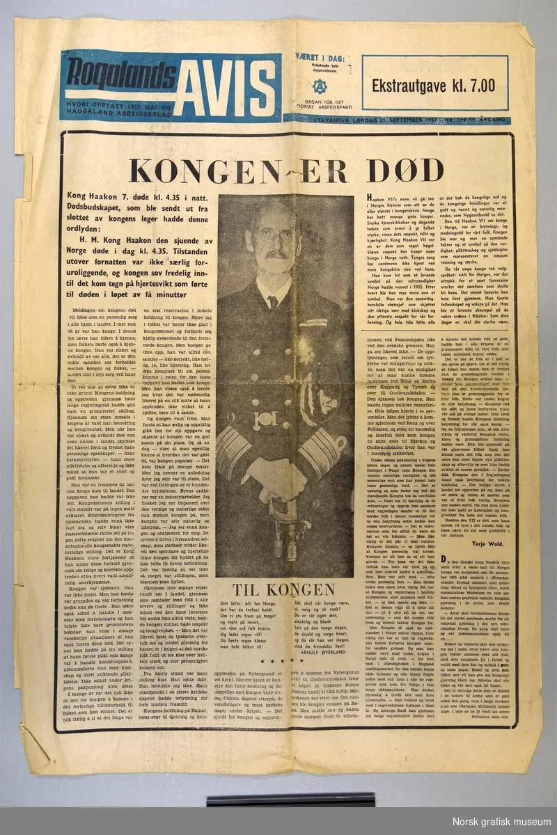 Rogalands Avis 21.9.1957. Kong Haakons VIIs død.