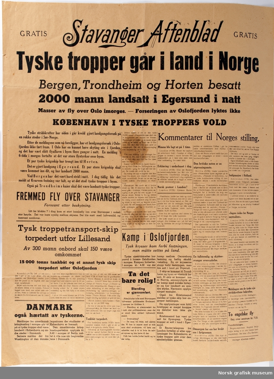Stavanger Aftenblad (Gratis): Overskrift "Tyske tropper går i land i Norge" 10. april 1940