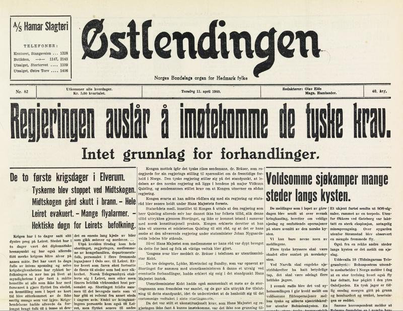 Avisen Østlendingen som blir utgitt få timer før bombene faller. Reprofotografering/Anno museum.