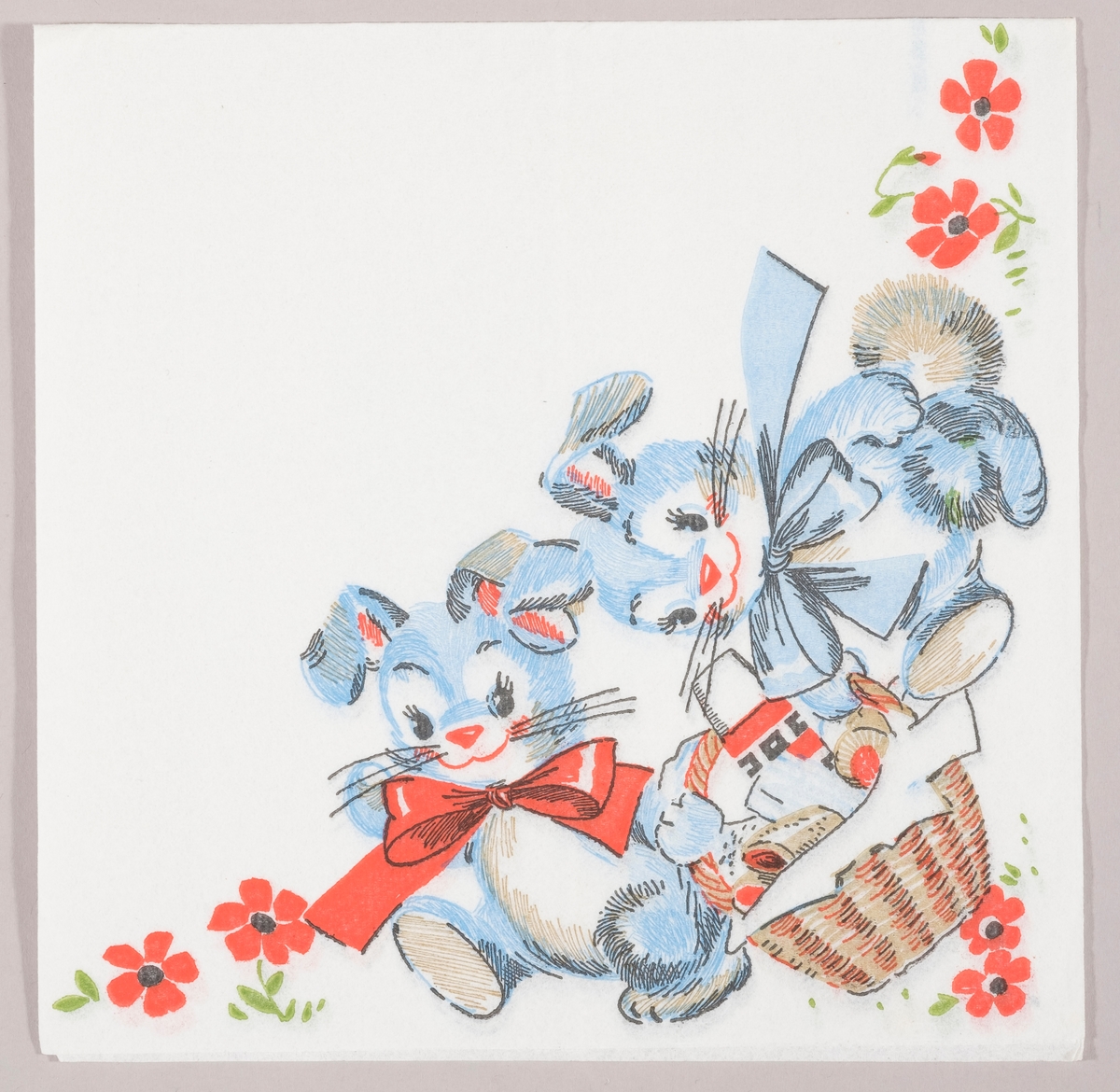 To blå påskeharer med sløyfer om halsen bærer på en flettet piknikkurv i en eng med røde blomster.
