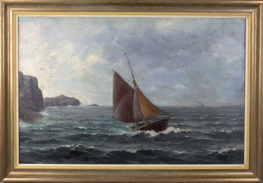 Skipsbilde "Langs norskekysten". Ser et mindre seilfartøy med seilføring og et damskip i horrisonten.