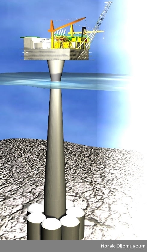 Tegning som viser Draugen-plattformenstående på havbunnen.
