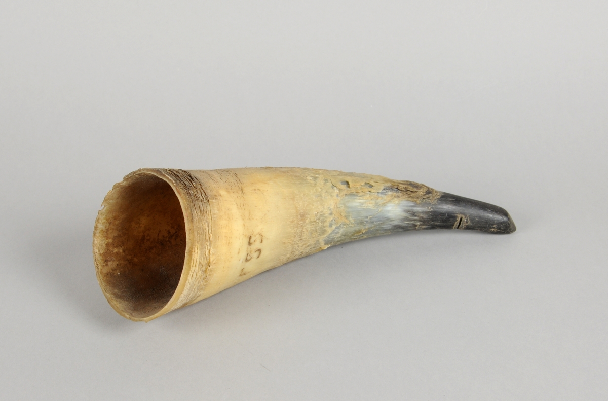 Sylinderformet, svakt buet kuhorn med innrisset initialer. Nederst på hornet er det skåret inn en strek eller et hakk.