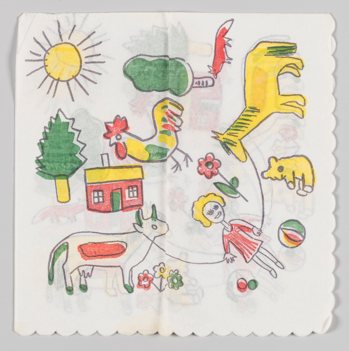 En jente hopper i hoppetau mellom en ku og en hest omgitt av en bamse, baller, blomster, en hane, et hus, en rev, trær og en strålende sol.