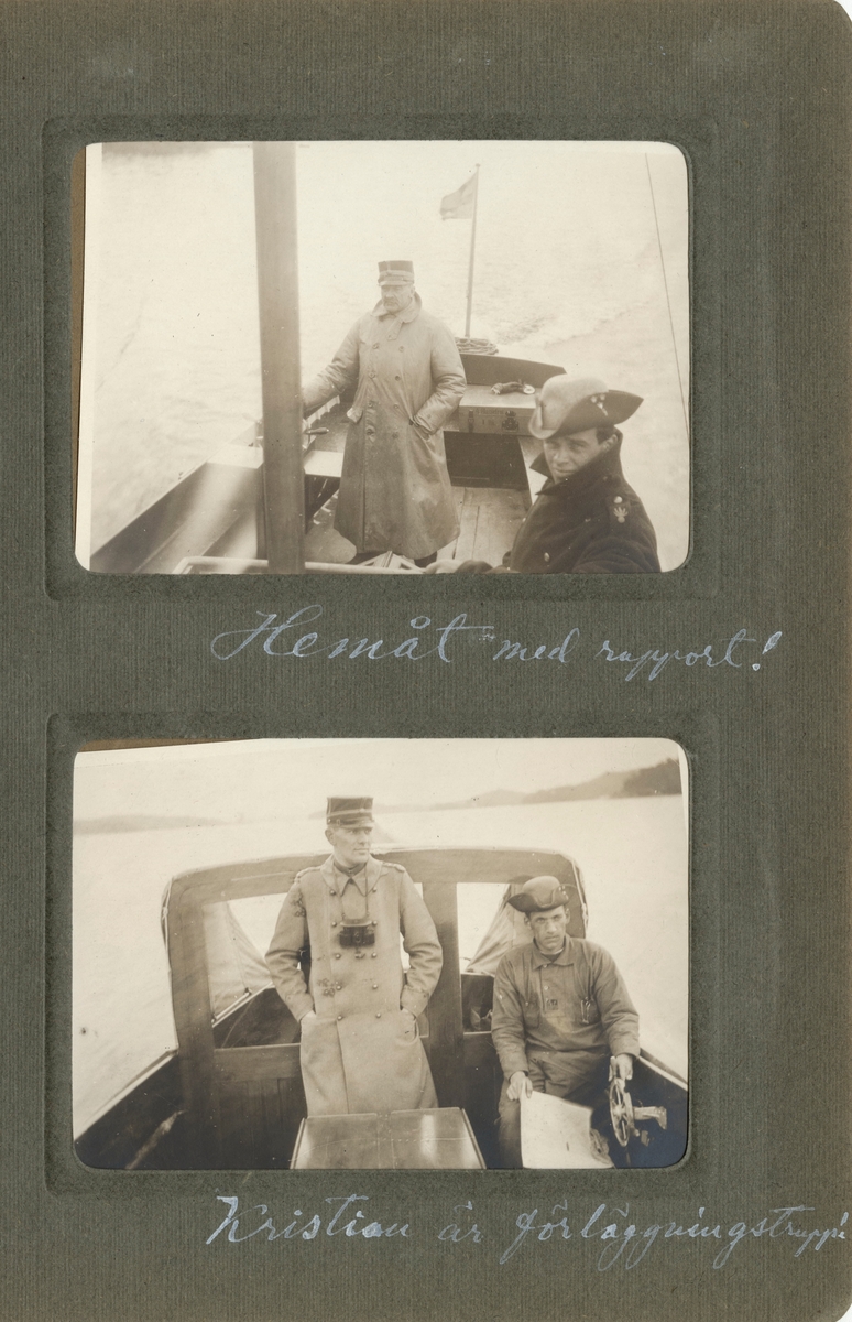Text i fotoalbum: "Officersövningarna 1920. Hemåt med rapport!"