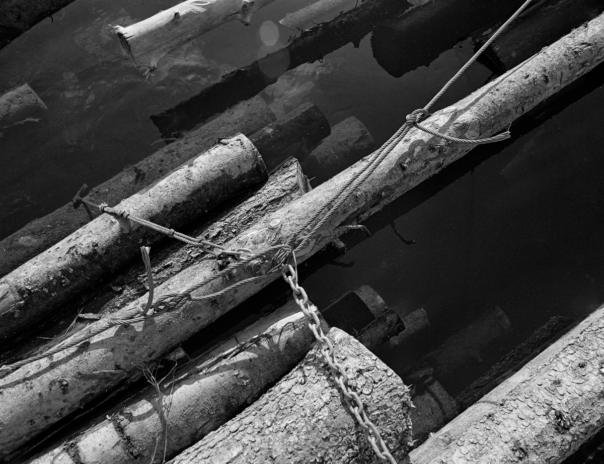 Detalj fra tømmerslep på flåtested i nordenden av Aremarksjøen i Østfold.  Fotografiet er tatt i 1982, som var den siste fløtingssesongen i Haldenvassdraget.  Fløtingsvirket i Haldenvassdraget ble de siste driftsåra utislått som lastebilbunter.  Disse buntene ble bundet sammen i store slep, som ble buksert over innsjøene med kraftige slepebåter som trekkraft.  Ved slusestedene måtte imidlertid slepene deles opp i kortere lenker, som fikk plass i slusekamrene.  Nedenfor slusene ble slusevendingene bundet sammen til lengre lenker igjen, og flere slike lenker ble samlet til store, rektangulære slep.  Over disse ble det spent en langsgående såkalt «revevaier» med en «hanefot» bakerst for sleping.  Tømmerbuntene ble holdt i hop av vaierbind med en kjetting i den ene ytterenden og et pæreformet ringledd, ei såkalt «kause», i den andre.  Lastebilsjåførene la vanligvis tre, av og til fire, slike bind rundt hver bunt.  På dette fotografiet ser vi hvordan de tverrgående buntebindene og den langsgående revevaieren møttes i slepet.

En liten historikk om tømmerfløting og kanaliseringsarbeid i Haldenvassdraget finnes under fanen «Opplysninger».