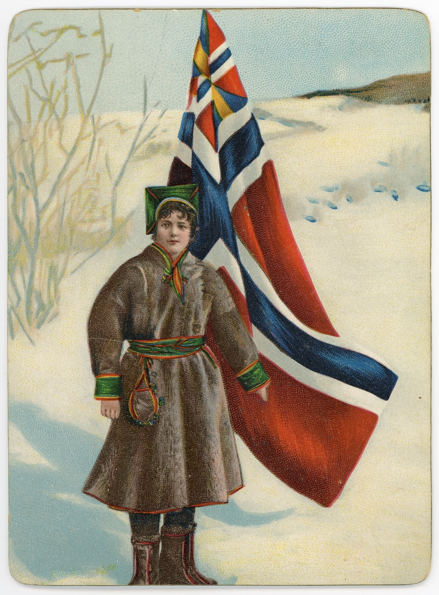 Postkort. Motivet på kortets fremside viser ei jente i samekofte foran et norsk unionsflagg. Det norske unionsflagget ble brukt mellom 1844 og 1899.