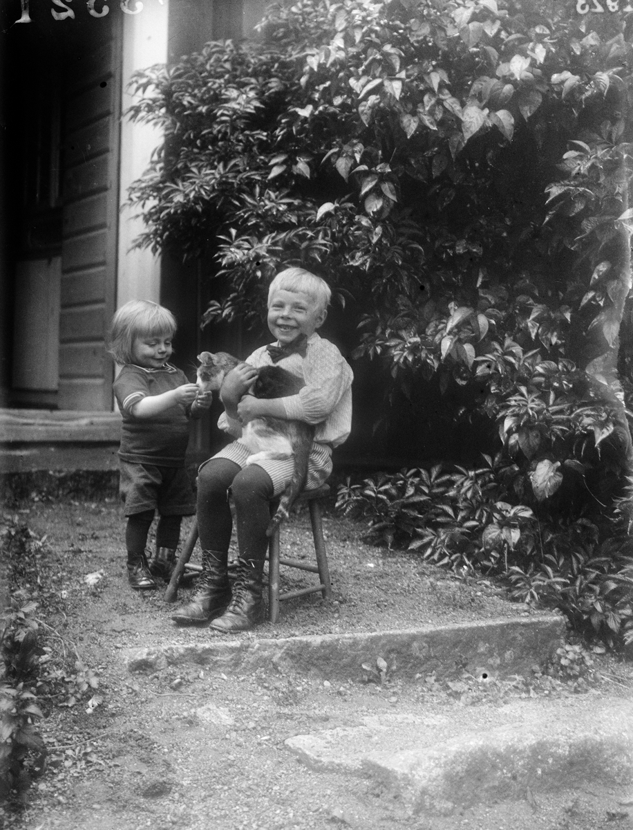 "Hugo Ljungs två pojkar på trappan med katten", Torstunaby, Torstuna socken, Uppland 1923