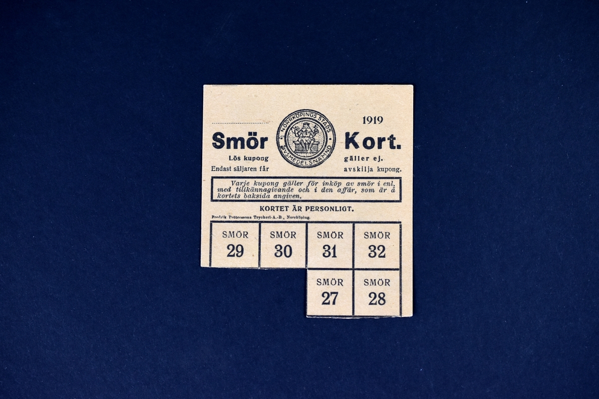 Smörkort utfärdat av Norrköpings stads livsmedelsnämnd till David Holm, 1919. På kortets baksida David Holms adress i Norrköping, "148 Slottsgatan".