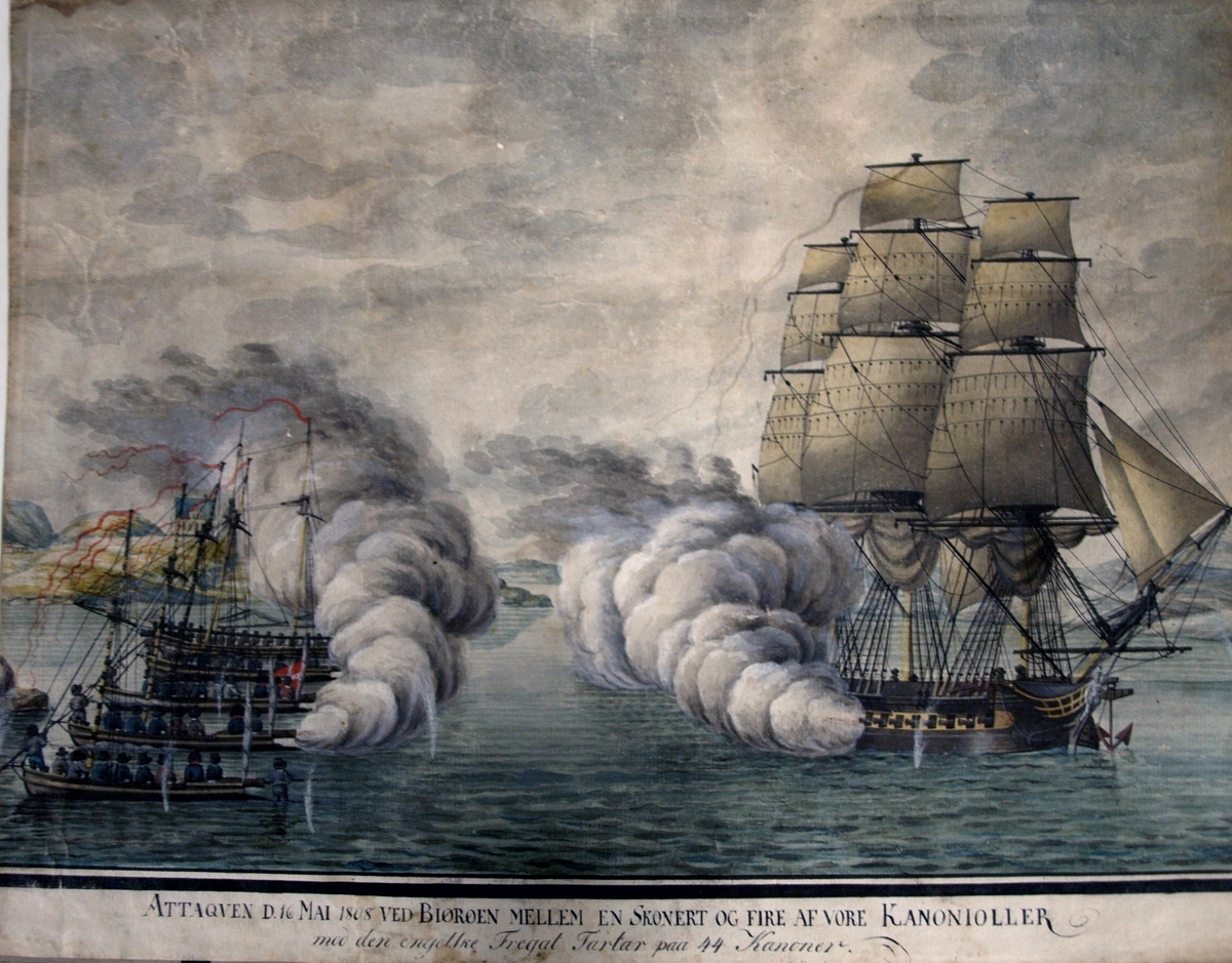 Maleri av "Slaget ved Bjørøen (Alvøen) 16. mai 1808". Den engelske fullriggeren TARTAR møter fire kanonjoller og en skonnert (kanonsjalupp) i Vatlestraumen.