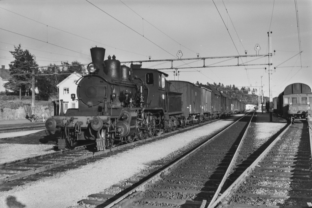 Godstog fra Arendal på Nelaug stasjon. Toget trekkes av damplokomotiv type 21a nr. 202.