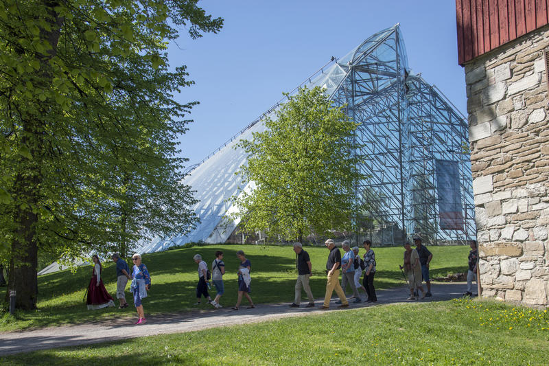 Guide i middelalderkjole leder an en gruppe turister på en omvisning forbi Hamardomen; vernebygget i glass og stål over domkirkeruinen fra middelalderen.