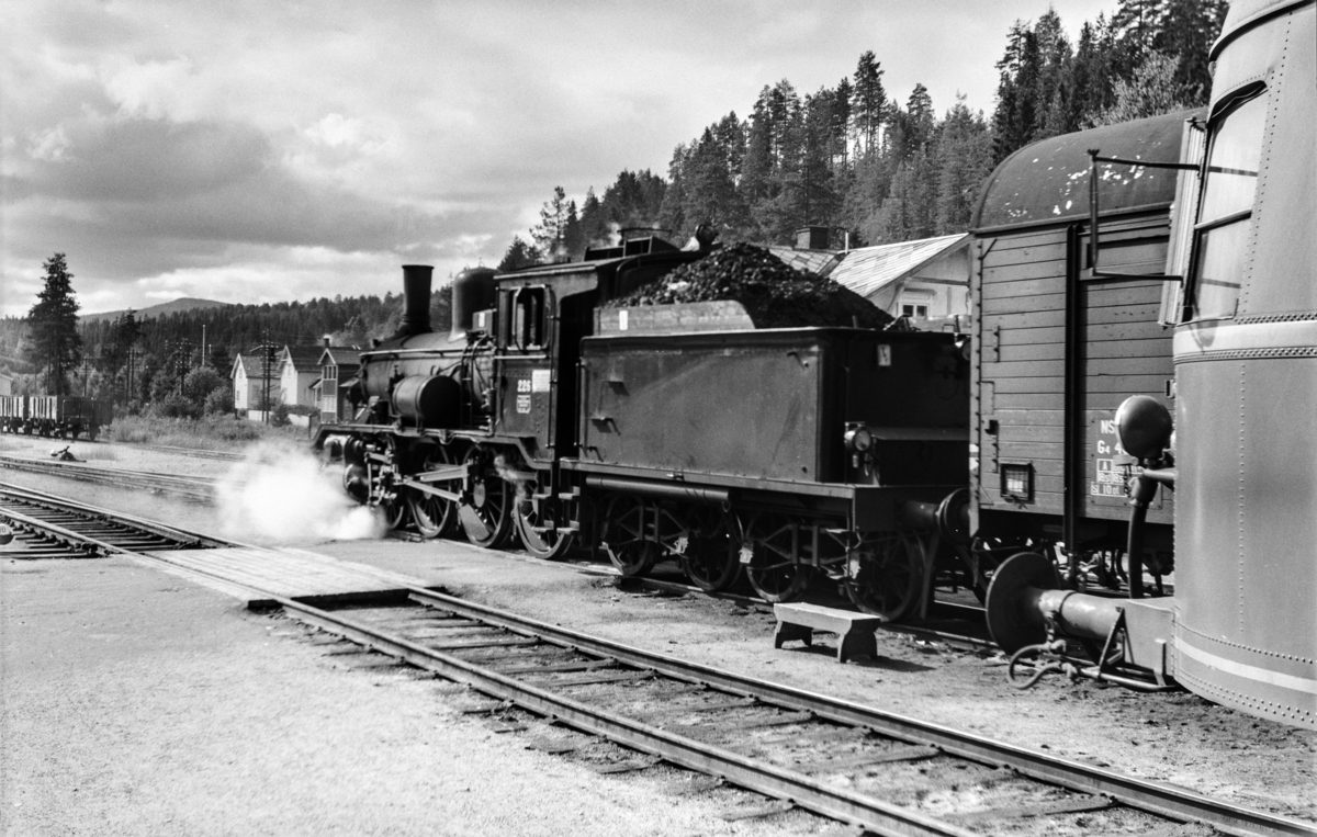 Rena stasjon med godstog retning Hamar i spor 2 og persontog retning Hamar, tog 374, i spor 1. Godstoget trekkes av damplokomotiv type 18c nr. 226.