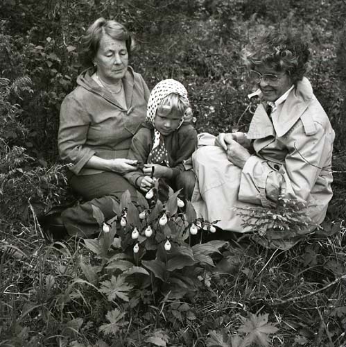 Två kvinnor och ett barn sitter i naturen intill en växt av arten Guckusko, 1985.
