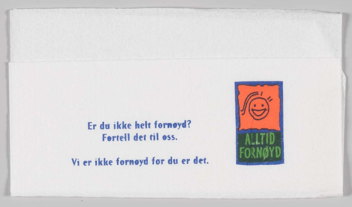 En firkantet logo med en tegning av et smilende ansikt og reklameslogan "Alltid fornøyd".