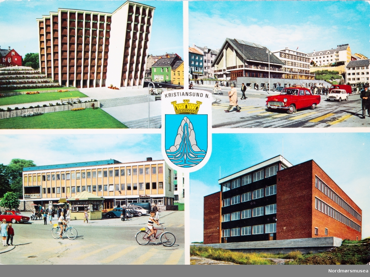 Postkort med diverse motiver fra Kristiansund. Her ser vi Kirkelandet kirke, Rådhuset, Folkets hus og fra St.hanshaugen vdg. skole, med byvåpnet til Kristiansund i midten. Fra Nordmøre museums fotosamlinger.