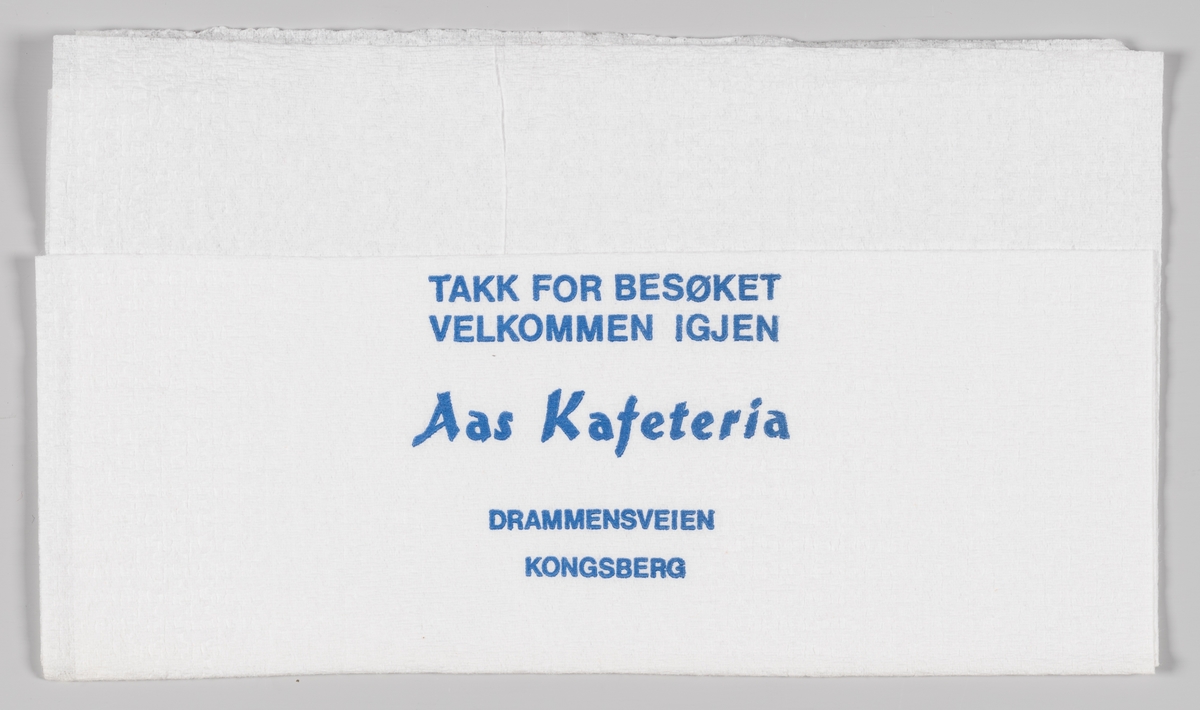 En reklametekst for Aas Kafeteria på Kongsberg.