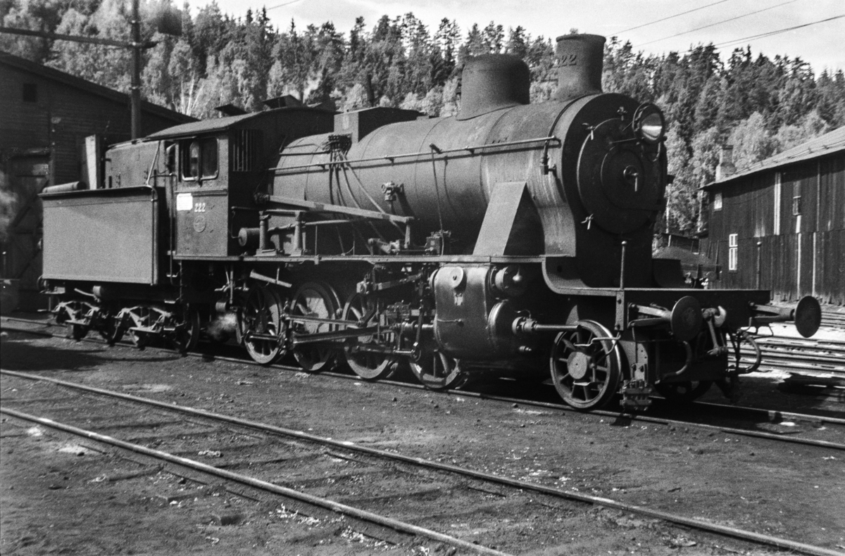 Damplokomotiv type 24b nr. 222  ved lokomotivstallen på Hønefoss stasjon.