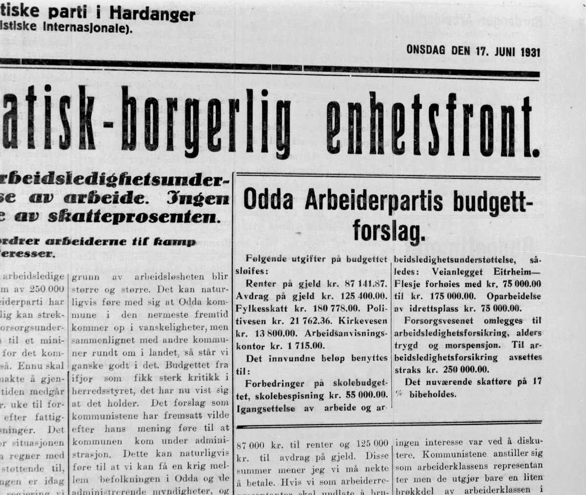 Avisoppslag i Hardanger Arbeiderblad 17. juni 1931. 