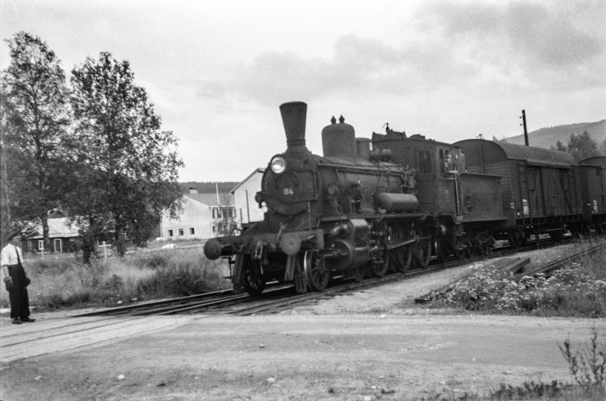 Damplokomotiv type 18c nr. 184 med godstog fra Hamar til Tynset, tog 5291, på Koppang stasjon.