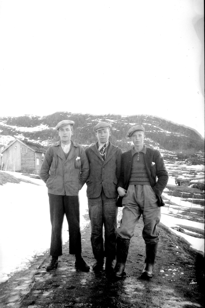 Portrett av tre unge menn, tatt på veien på Andørja.