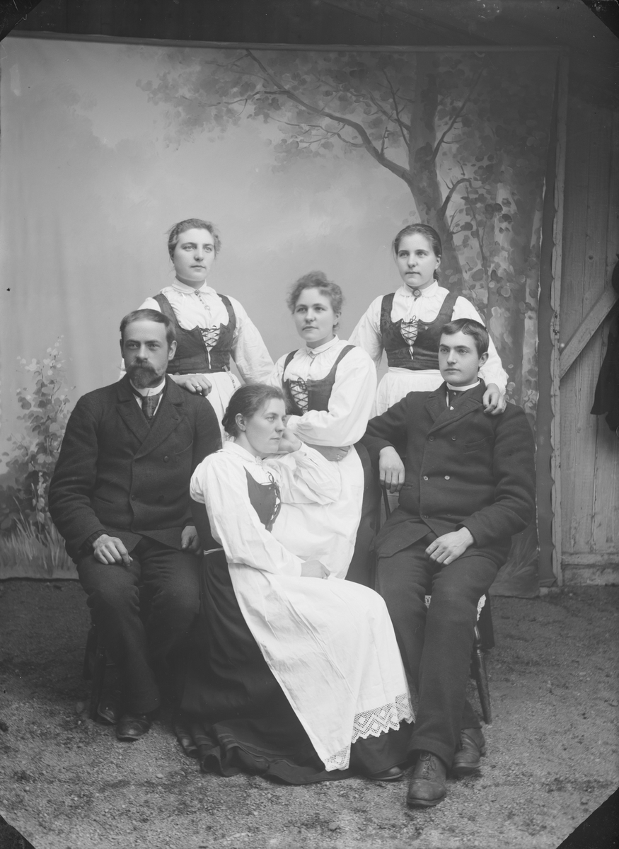 Familiebilde med 4 damer med like liv og stakker og 2 menn med mørke dresser. Atelierfoto