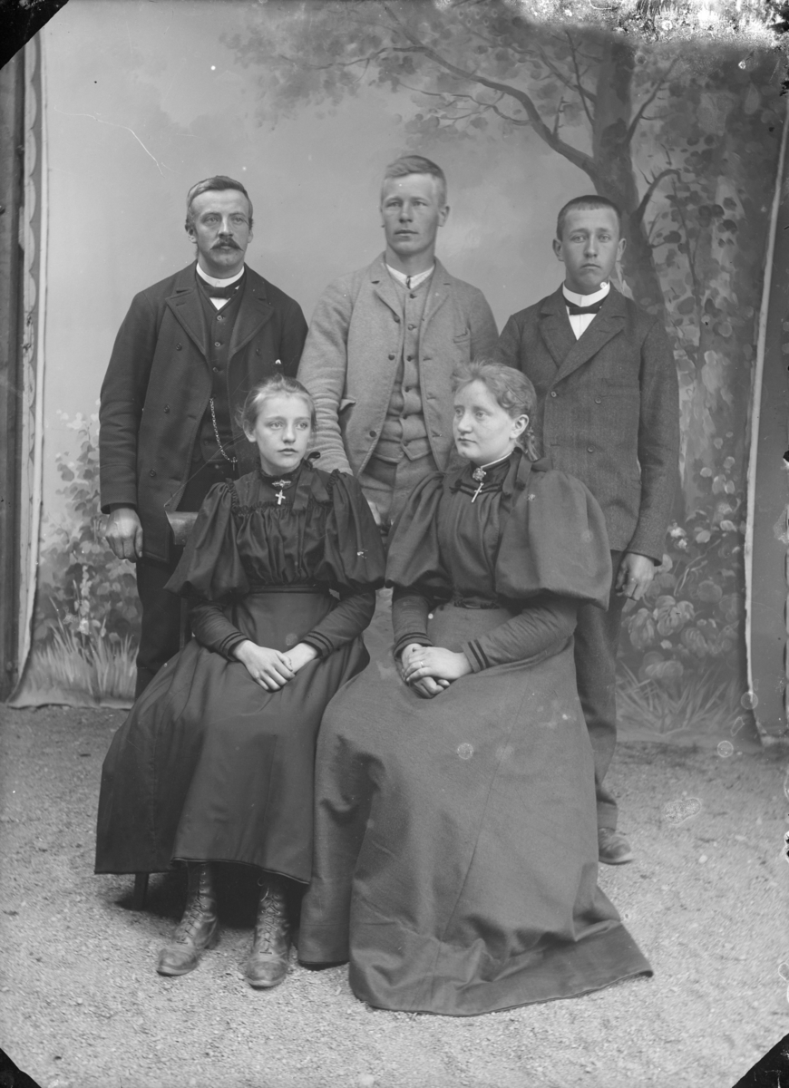 To damer og tre menn , atelierfoto med antatte familiemedlemmer.
