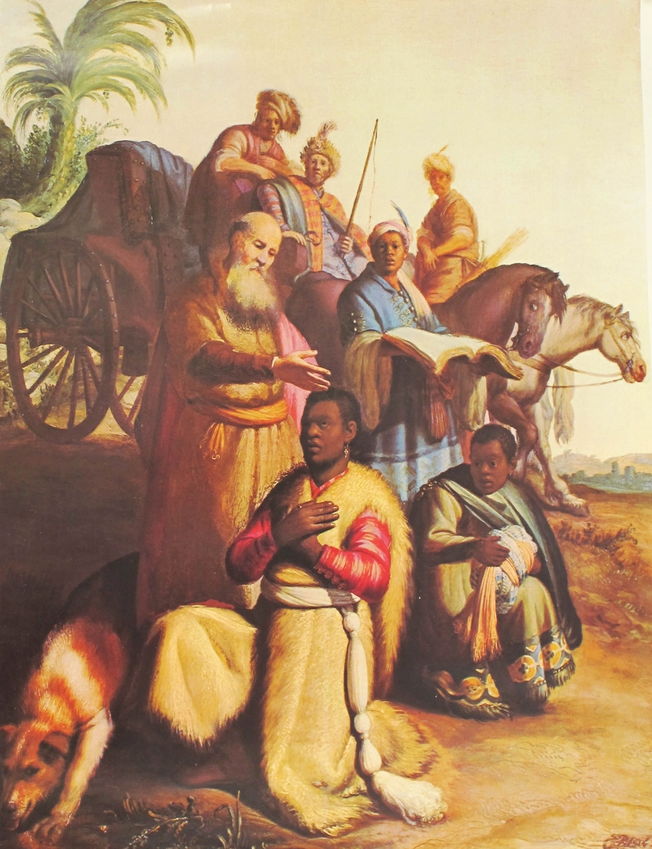 Figurgruppe med 7 personer i og foran en vogn med to hester. Apostlene Filippus som velsigner ham i dåpen. Bak døperen hans tjener på huk.