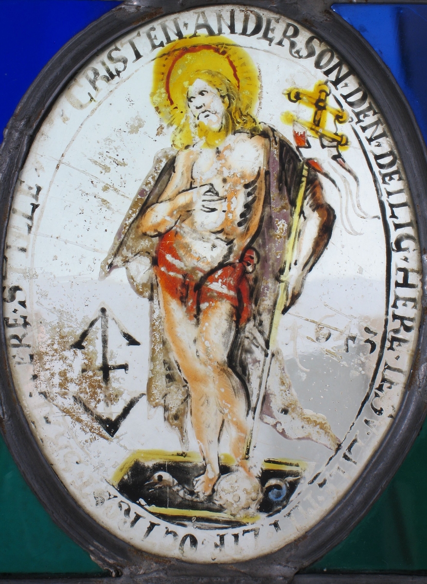 Den oppstandne Kristus med seierefanen, tv. ved  knærne bumerke: th.: 1643.