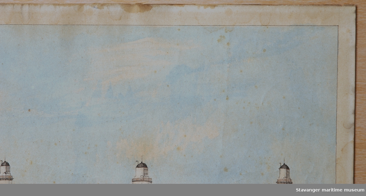 Motiv med tre fyrtårn og fyrbygninger på Lista, som alle var i drift samtidig i årene 1853 - 1873. Også steingjerder, beitemarker, kyr og personer er avbildet.

Akvarellen er usignert