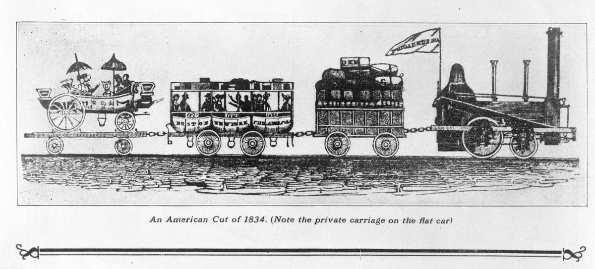 Illustration föreställande tågsätt i USA, 1830-tal.