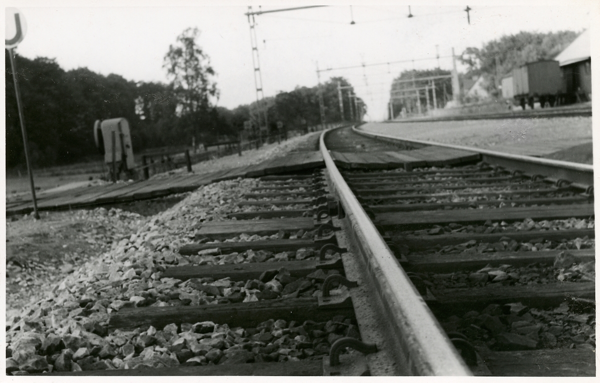 Detaljbild av fjäderspik som använts vid befästning av järnvägsräls, här vid Tjörnarp station.