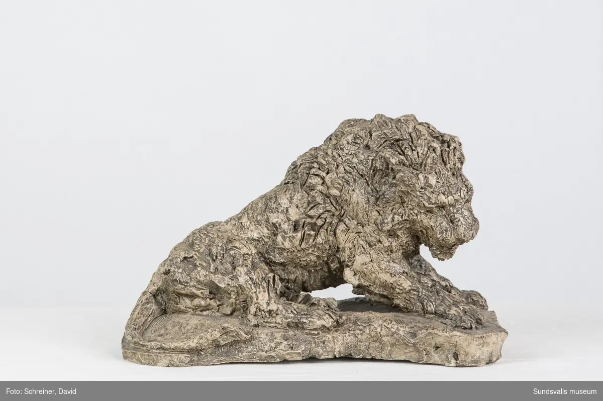 En patinerad gips skulptur i from av ett gammalt lejon med kraftig man.