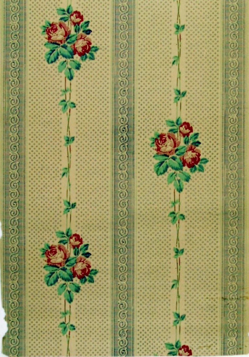 Randmönster med bla rosor i diagonalupprepning. Tryck i rött, grönt, gulgrönt och blått på ett ofärgat papper.